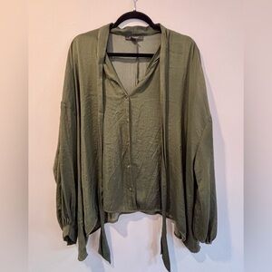 Khaki Green Puffed Balloon Sleeve Button-Down Blouse | Size 12